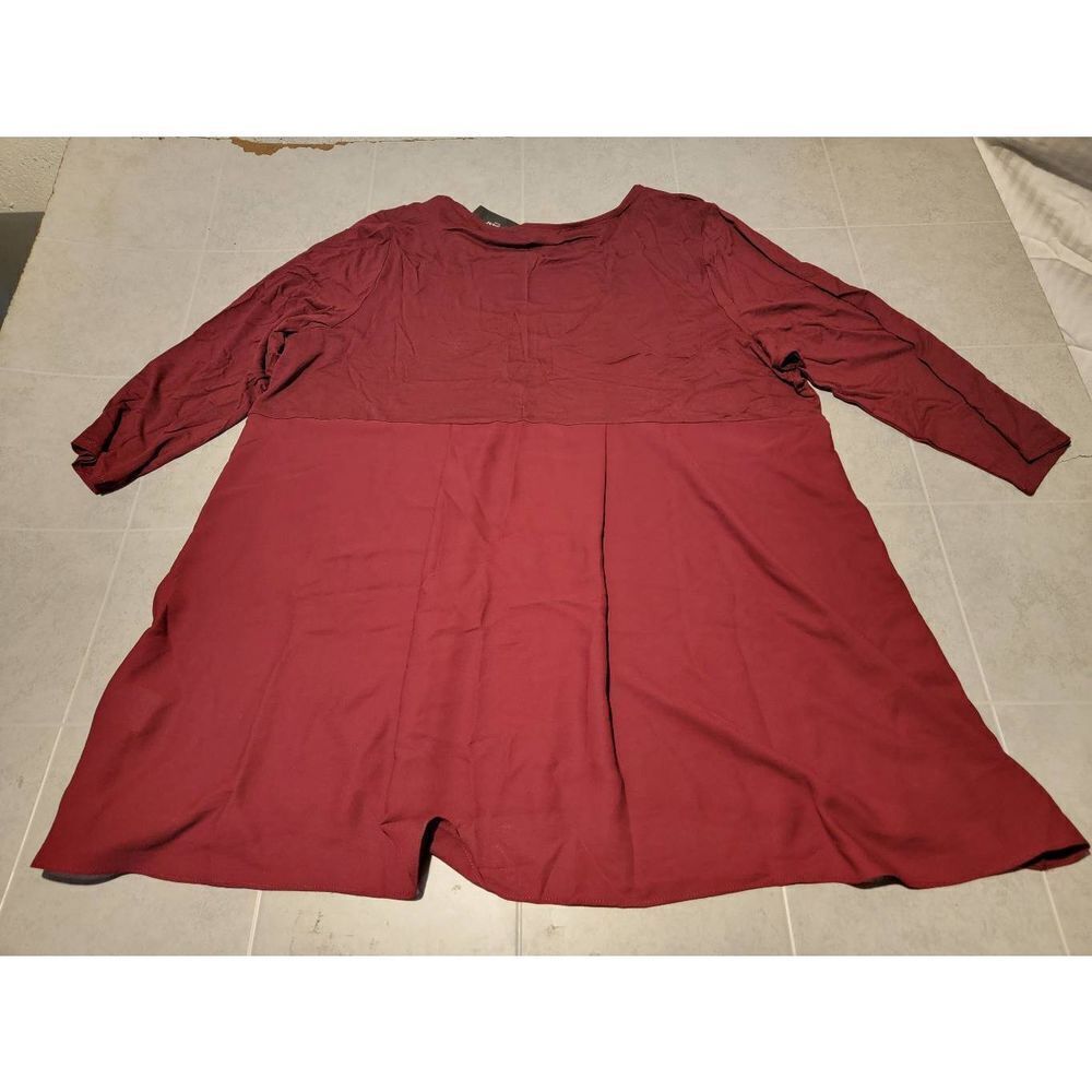 Alfani Women's Burgundy Crew-neck Chiffon Mixed Media Tunic Top With Three Quart